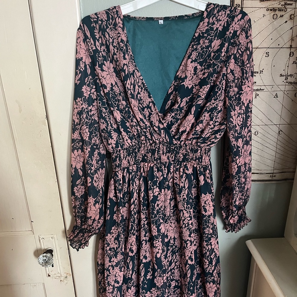 Green silky dress with pretty pink pattern and stretchy waist
